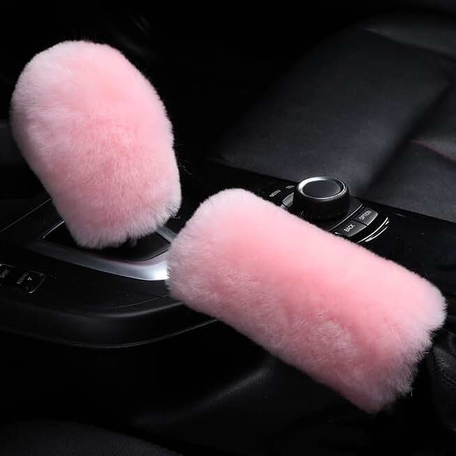 OGLAND Pink Genuine Sheepskin Car Gear Shift Handle Level Stick Knob Cover | OGLAND Fuzzy Wool Cute Car Shifter Cover for Women | Protect Hand from Hot or Cool | Handbrake Cover | Enhances Car Interior