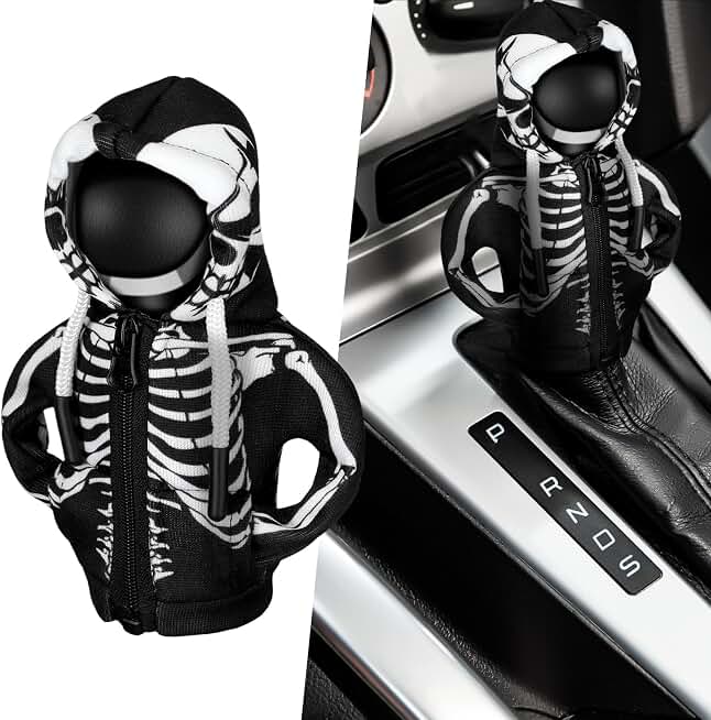 Wonderjune Halloween Car Gear Shift Hoodie Cover Decoration,Black,Skull | Universal Fit for Auto Shifters, Adds Spooky Festive Vibe to Interior, Soft Fabric Covers Protects Gear Knob, Easy Install