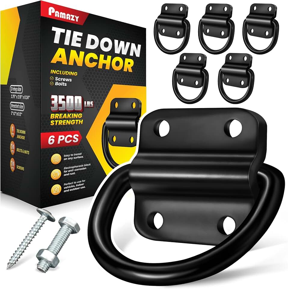 PAMAZY 6PCS 3500lbs Heavy-Duty Steel D-Rings Tie-Down Anchors Ultra-Durable | Trailer Tie Down Anchors with Screws &amp; Bolts Anti-Rust Cargo Hooks, Utility Accessories Mount Hooks for Trailers, Truck Beds