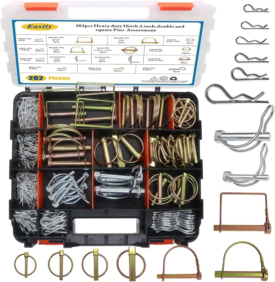 202PCS Hitch Pins Clip Pins, Linch and PTO Pins for Trailers Tractors Trucks Towing Mowing, Farm Equipment, Snow Plows, Lawnmowers Garage, Heavy Duty Trailers Accessories Tractor Attachments