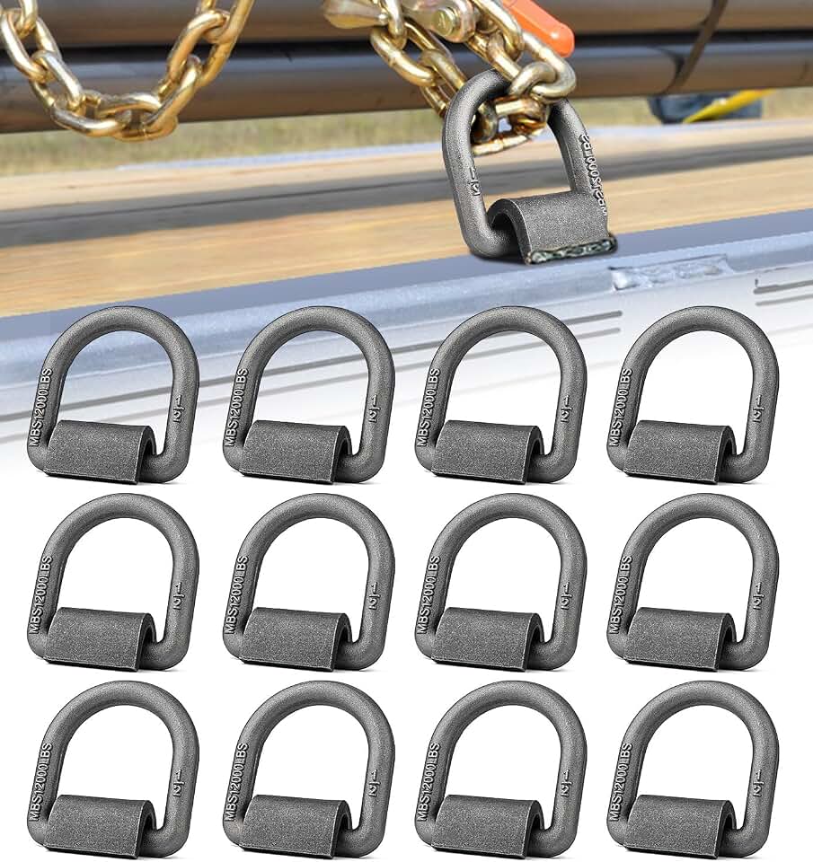 12-Pack Weld-On D Ring Anchors, 1/2 in, 12,000 lb Break Strength | Forged steel D-rings with weld-on clips for trailer, truck, RV, ATV, cargo and farm equipment tie-down points.