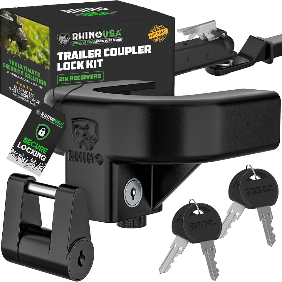 Rhino USA Trailer Coupler Lock Kit (2in Trailers) - Anti-Theft Steel | Heavy Duty Anti-Theft Lock for RV, Camper, Trailer, Boat &amp; Caravan. Reinforced Solid Steel Build, Weatherproof.