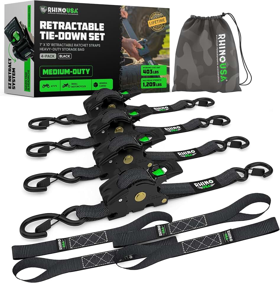 Rhino USA Retractable Ratchet Straps (4-Pack) - 1in x 10ft, Black | 1,209lb Break Strength, Auto Self Retracting Design. For Truck, Cargo Trailer, Motorcycle, ATV &amp; UTV Tie Downs. Black