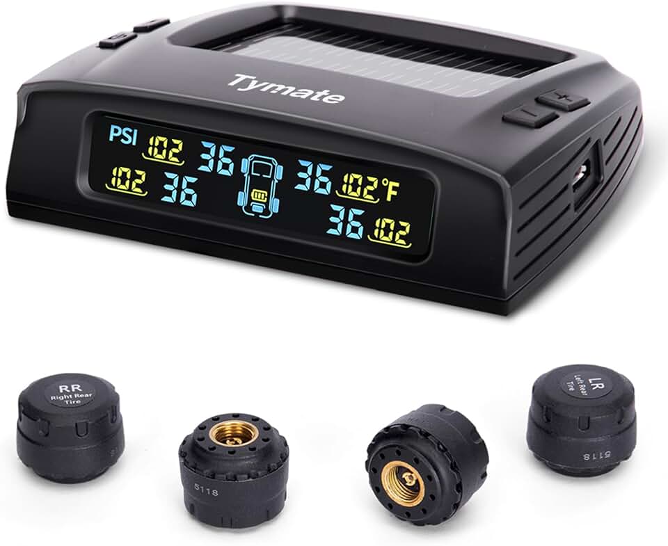 Tymate TM2 RV Tire Pressure Monitoring System, TPMS Set of 4 Sensors | Max. 10 Tires Info Monitoring, 6 Alarm Modes, 0-144PSI, Solar/USB Charge, Color LCD, For RV/Fifth Wheel/Trailer/Truck/SUV/Car