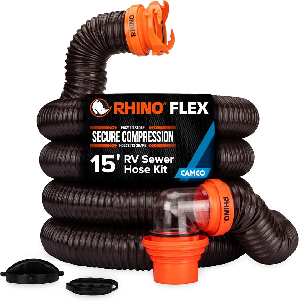 Camco RhinoFLEX 15 Ft Complete RV Sewer Hose Kit, Swivel Bayonet Fittings | 23 Mil Polymer Hose, Swivel Bayonet &amp; Lug Fittings, Transparent Elbow with Sewer Adapter, Storage Caps Included