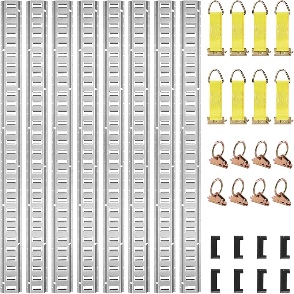 VEVOR E Track Tie-Down Rail Kit, 32PCS 5FT E-Tracks Set Includes 8 Steel Rails &amp; 8 O Rings &amp; 8 Tie-Offs with D-Ring &amp; 8 End Caps, Securing Accessories for Cargo, Motorcycles, and Bikes