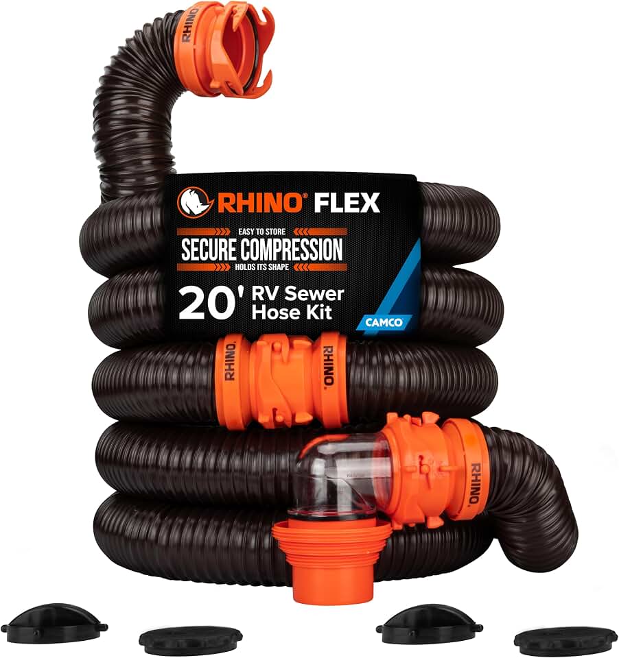 Camco RhinoFLEX 20-Ft Complete RV Sewer Hose Kit - Made in the USA | Includes Clear Elbow w/ Sewer Adapter, (2) 10ft Sewer Hoses, 360 Swivel Fittings - Fits in Standard 4" RV Bumper (39742)