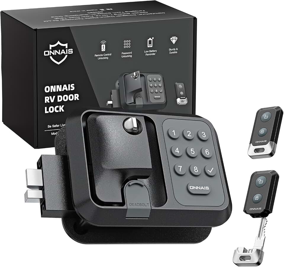 ONNAIS Keyless RV Door Lock - Fits Most Trailers &amp; 5th Wheels | Anti-Prying Heavy Duty Full Metal, 100ft remote FOB unlock, Keyless keypad entry, Peek-proof backlit code, Weatherproof