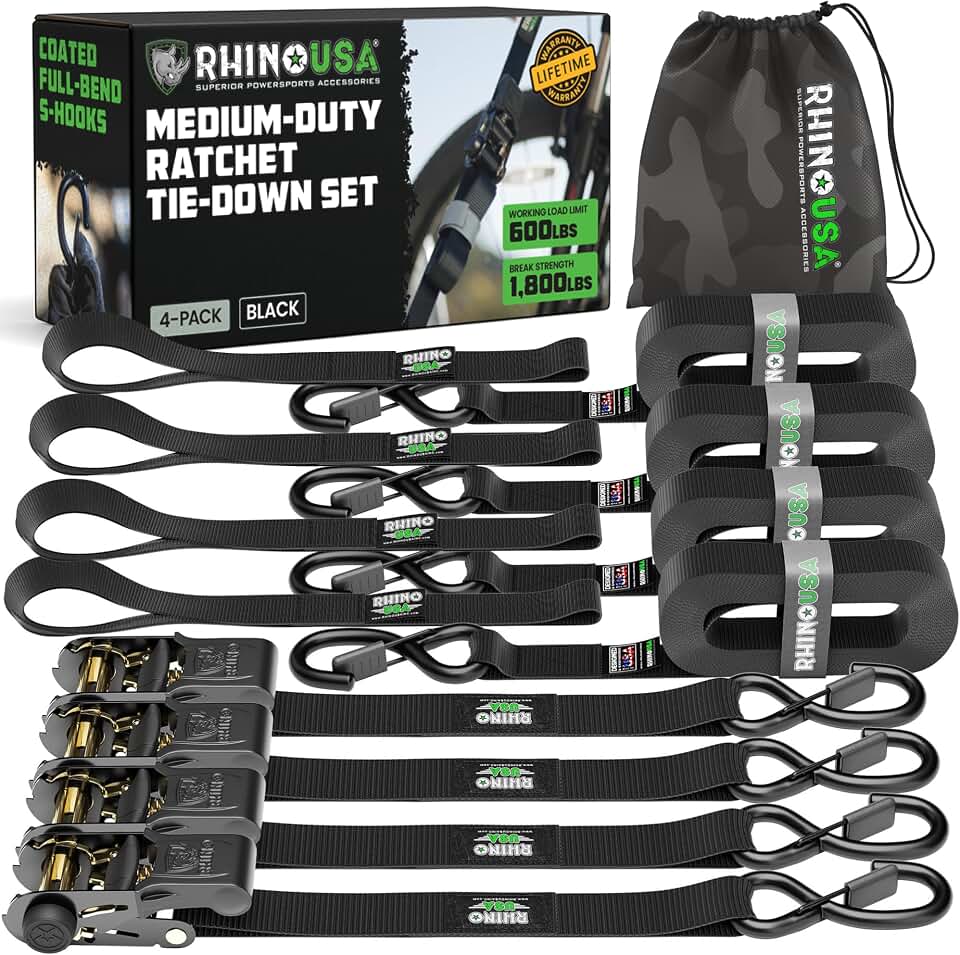 Rhino USA Ratchet Straps Tie Downs (4-Pack) - 1in x 15ft with S Hooks | 1,823lb Break Strength. Manual Ratchet w/ S Hooks &amp; Soft Loops. For Trucks, Cargo, Moving, Appliances &amp; Furniture. Black