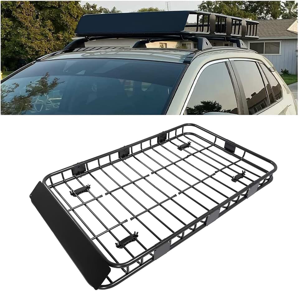 ECOTRIC 59" x 39" x 5.1" Universal Adjustable Roof Rack Cargo Carrier | Basket with Extension Heavy Duty Steel Car SUV Top Luggage Storage Holder Basket for Travel 250LBS Weight Capacity Global Recycled Standard