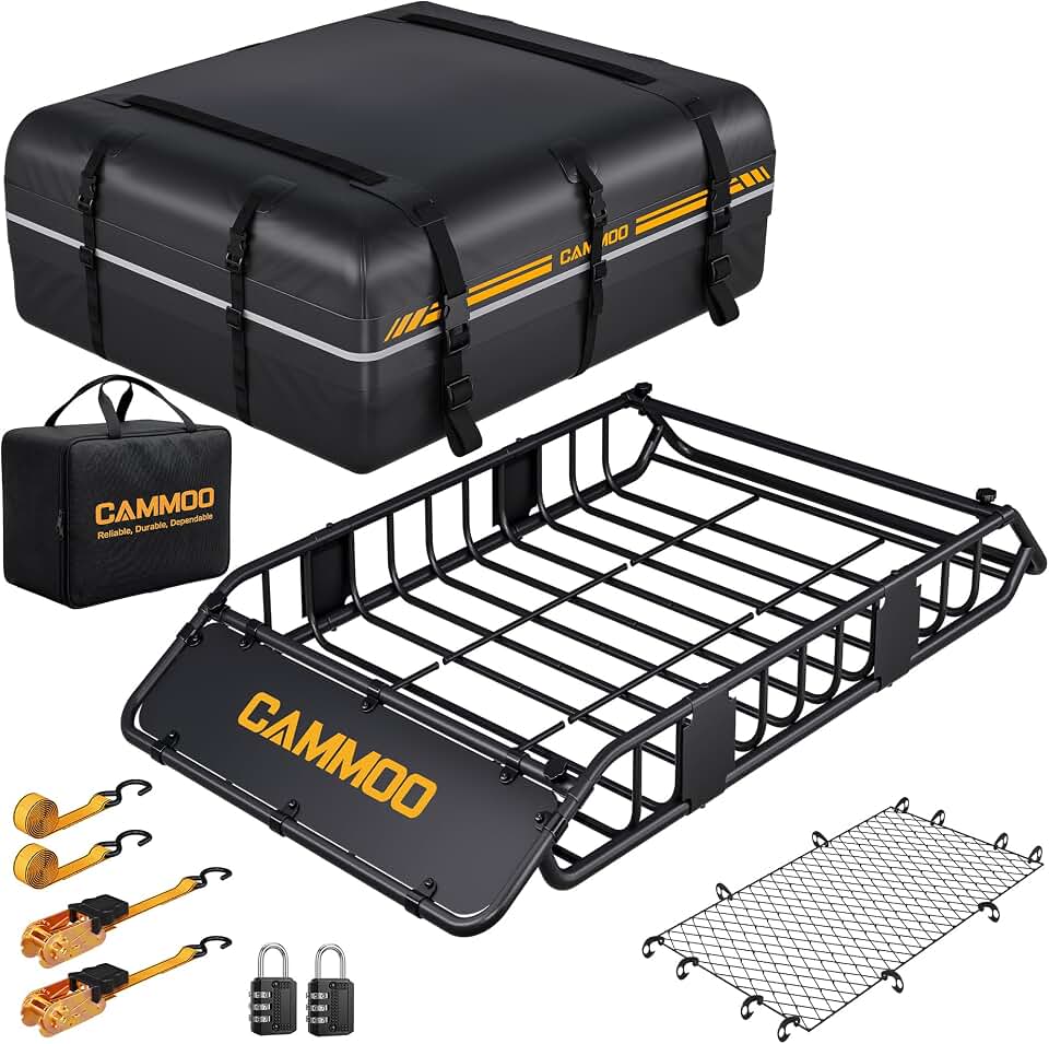 CAMMOO 54"x34" Roof Rack Basket Removable Fairing &amp; Support Bars for Kayaks | All-In-One Kit Includes 15 Cu.Ft. Waterproof Bag, Cargo Net, 2 Straps and 2 Combo Locks for Camping and Road Trips