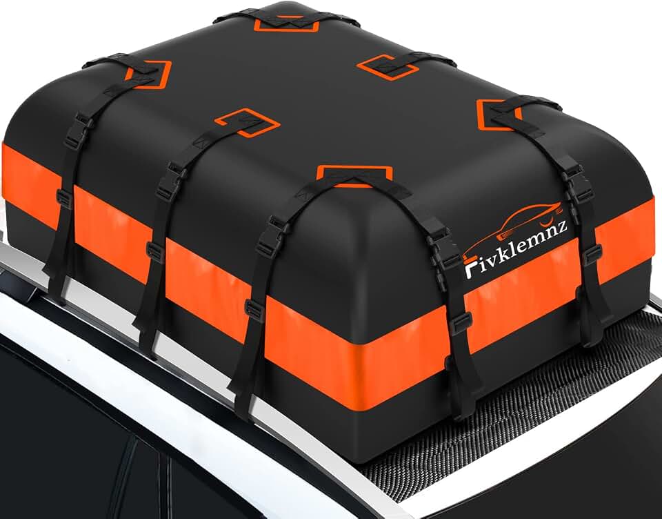FIVKLEMNZ 21 Cubic Rooftop Cargo Carrier Waterproof Soft Car Roof Bag | for All Top of Vehicle with/Without Rack Includes Topper Anti-Slip Mat + Reinforced Straps + 6 Door Hooks + Luggage Lock