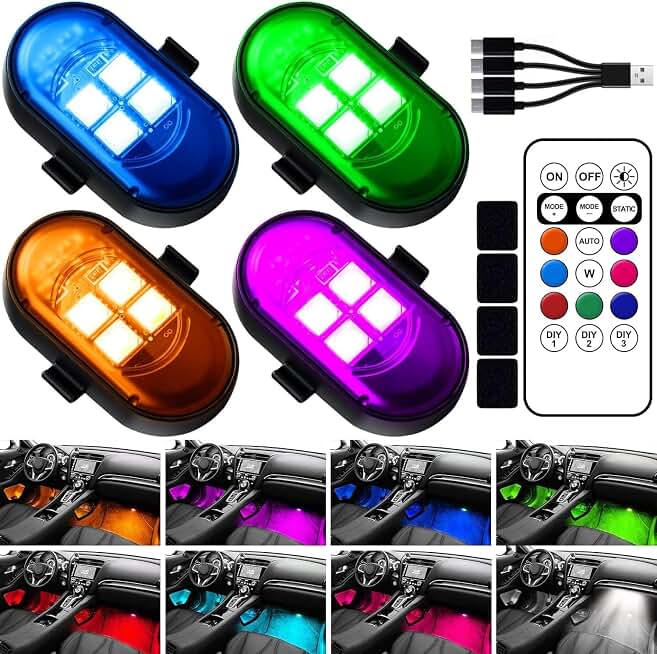 Wireless LED Lights for Car, Rechargeable Interior Car Lights | Remote Control, 8 Colors, 10 Modes, 3 Brightness Levels, USB-C Accent Lights for Car, Truck, Motorcycle &amp; Bike ClimatePartner certified