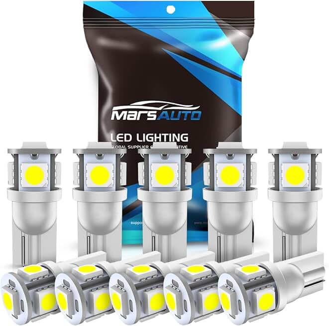 Marsauto 194 LED Bulb 6000K White 168 T10 2825 W5W 5SMD Replacement Bulbs for Car Dome Map Door Courtesy Side Marker Reading Glove Box License Plate Lights (Pack of 10)(Clear Lens Side Marker)