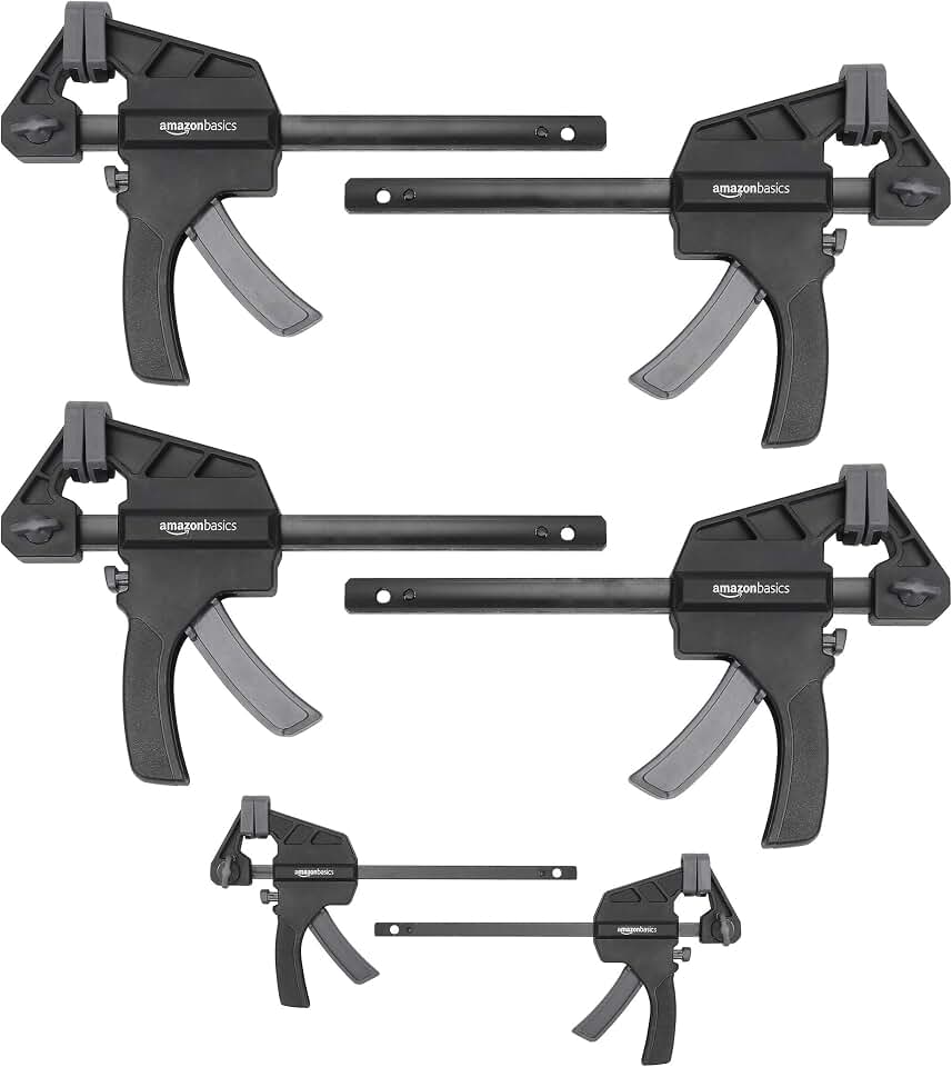 Amazon Basics 6-Piece Easy-to-Use One-Handed Trigger Clamp Set, 2 Pack of 4-inch, 4 Pack of 6-inch, Black/Grey