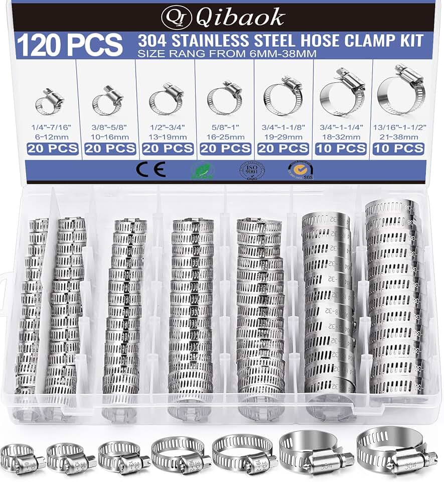 Hose Clamp- Qibaok 120 PCS Stainless Steel Hose Clamps Assortment Kit | 1/4''–1-1/2'' Worm Gear Clamps for Fuel Line, Plumbing, Automotive, Mechanical Applications, Pipe, Tube, Radiator, Garden