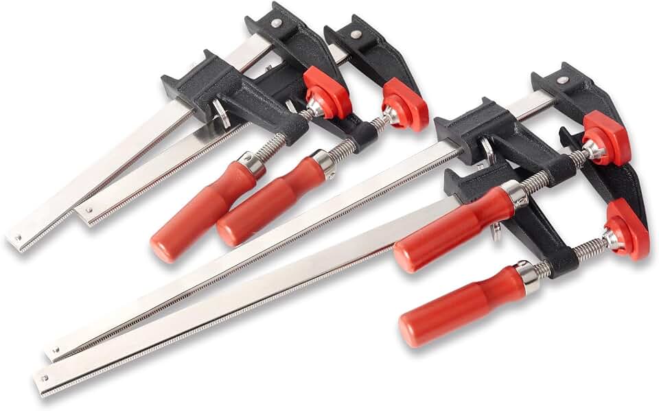 BESSEY GSCC4PK-C Clamp Set for Woodworking, F-style with Wood Handle, Replaceable Pads, 2 x 6 In and 2 x 12 In, 600 lb, Red/Black/Silver