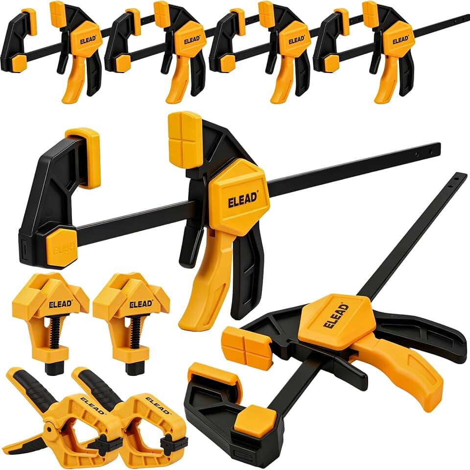 10-Piece Bar Clamps for Woodworking, 4PCS 6-inch &amp; 2PCS 12-inch One-Handed F Clamp/Spreader with 132 LBS Load Limit, Spring Clamps, 90° Angle Clamp, Quick Release Grip