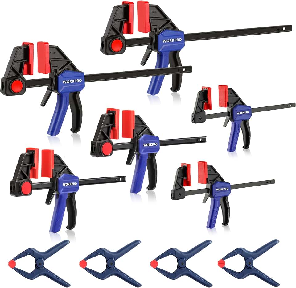 WORKPRO 10-Pack Bar Clamps for Woodworking, 6 Bar Clamps &amp; 4 Spring Clamps | 6" (2) Mini Clamps, 6" (2) &amp; 12" (2) Light-Duty Clamps, and 4-1/2" (4) Spring Clamps, F Clamp with 50/150 LBS Load Limit