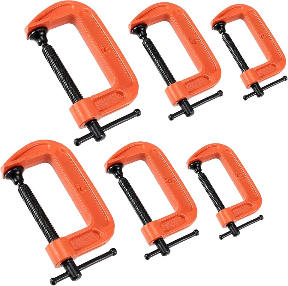 JEUIHAU 6 Piece Orange C-Clamp Set, Heavy Duty with 3 Inch, 4 Inch, 6 Inch Jaw Opening, Industrial Strength Malleable Iron C Clamp for Woodworking, Welding, and Building
