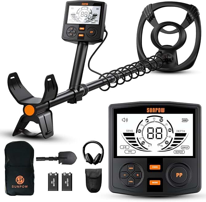 SUNPOW Professional Metal Detector for Adults - Pinpoint Accurate &amp; Easy to Use - 12" Waterproof Coil, 2X Backlit LCDs, DSP Chip, 5 Modes - Adjustable (19"-59") for Beach, Field, Garden ClimatePartner certified