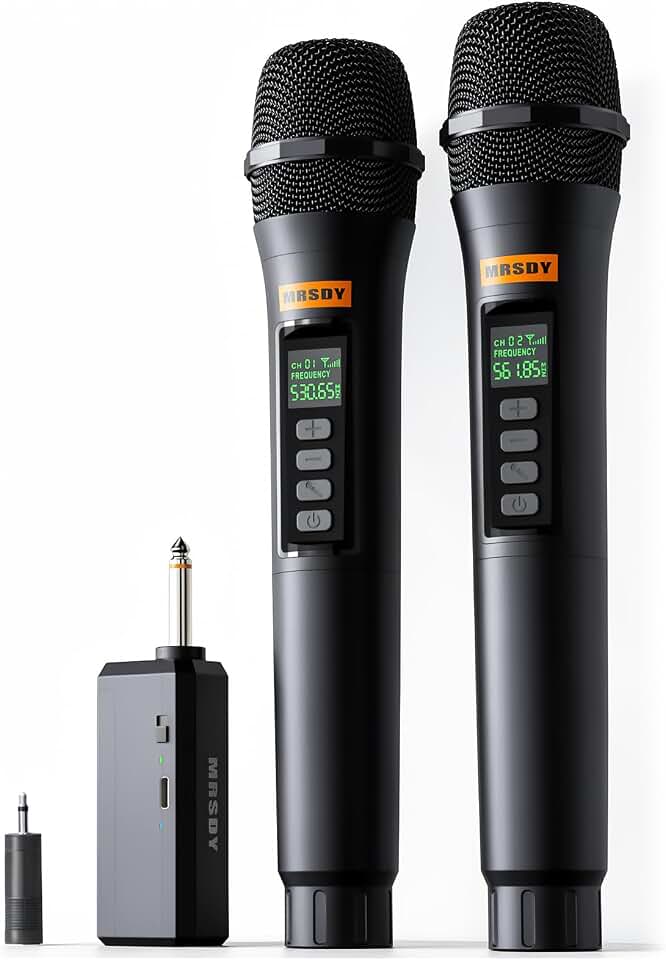 MRSDY Rechargeable Wireless Microphones with Volume Control, Mute | Clear Sound, Long Battery Life, Cardioid Directionality, 2 Dynamic Handheld Karaoke Mic for Singing, Wedding, DJ, Party