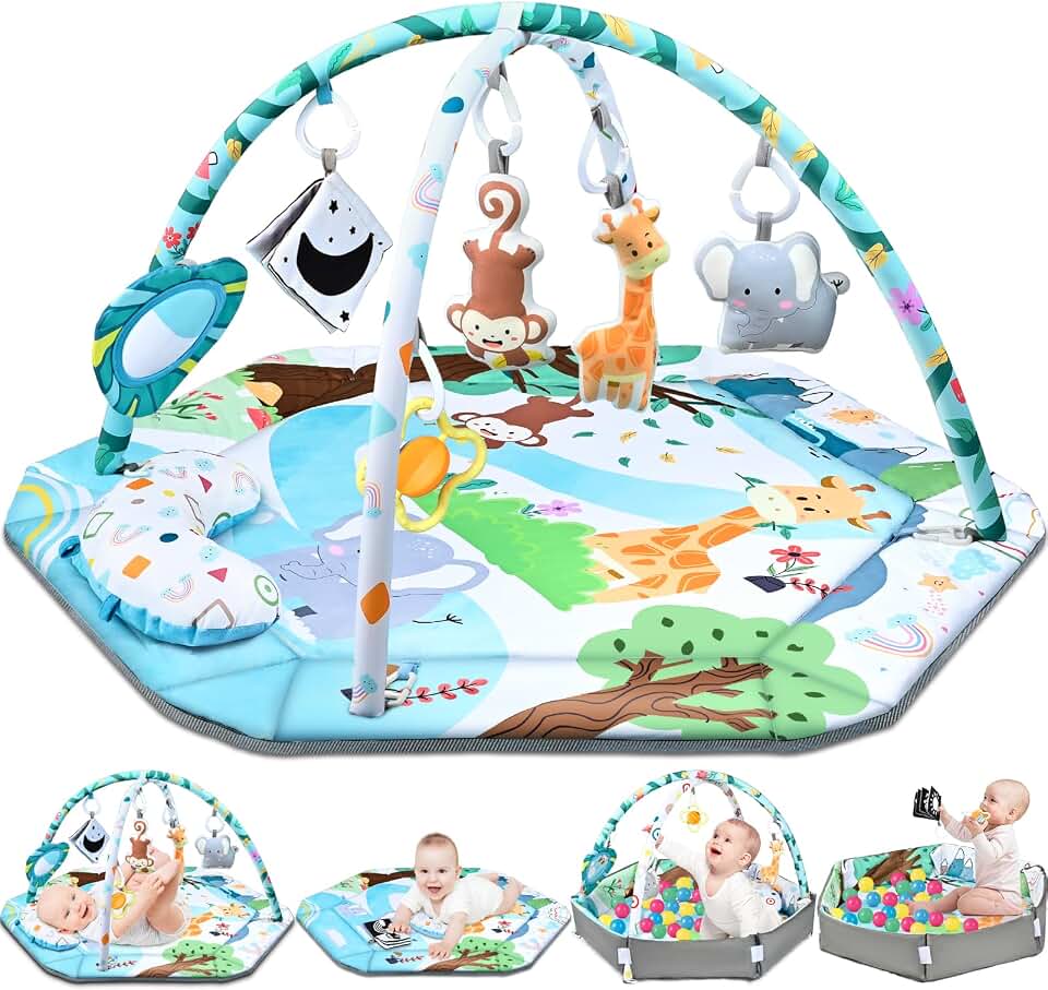 Baby Gym Play Mat, 8-in-1 Tummy Time Mat &amp; Ball Pit with 6 Toys, Washable Baby Activity Play Mat for Visual, Hearing, Sensory, Motor Development, Baby Toys Gift for Toddler Infant 0-3-6-9-12 Months