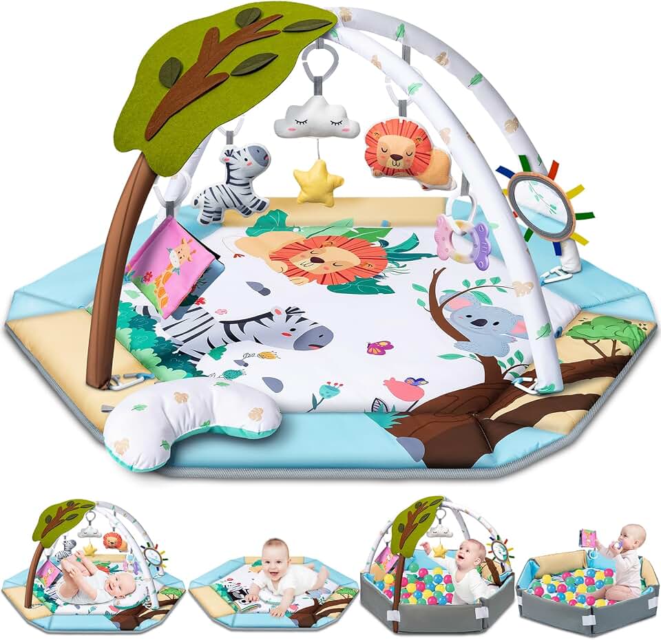 Baby Gym Play Mat, 8-in-1 Tummy Time Mat &amp; Ball Pit with 6 Toys, Washable Baby Activity Play Mat for Visual, Hearing, Sensory, Motor Development, Baby Toys Gift for Toddler Infant 0-3-6-9-12 Month