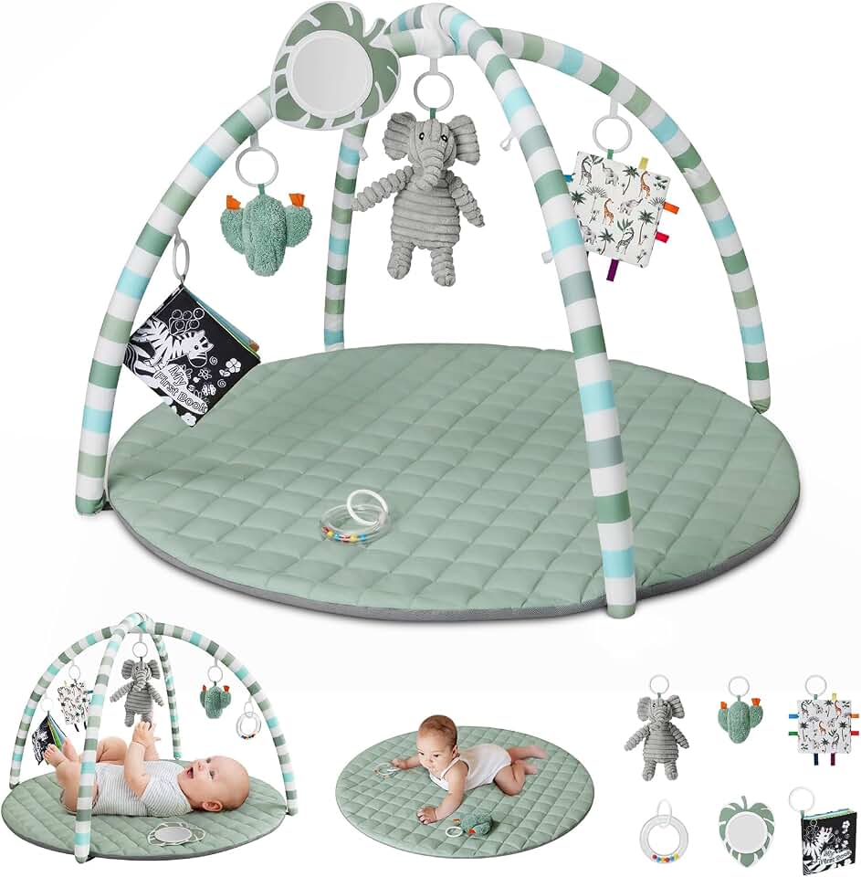 Blissful Diary Baby Play Gym Mat, Play Mat Activity Mat with 6 Detachable Toys for Stage-Based Sensory &amp; Motor Skill Development, Easy to Install &amp; Clean, Baby Essentials Gift, Sage Green