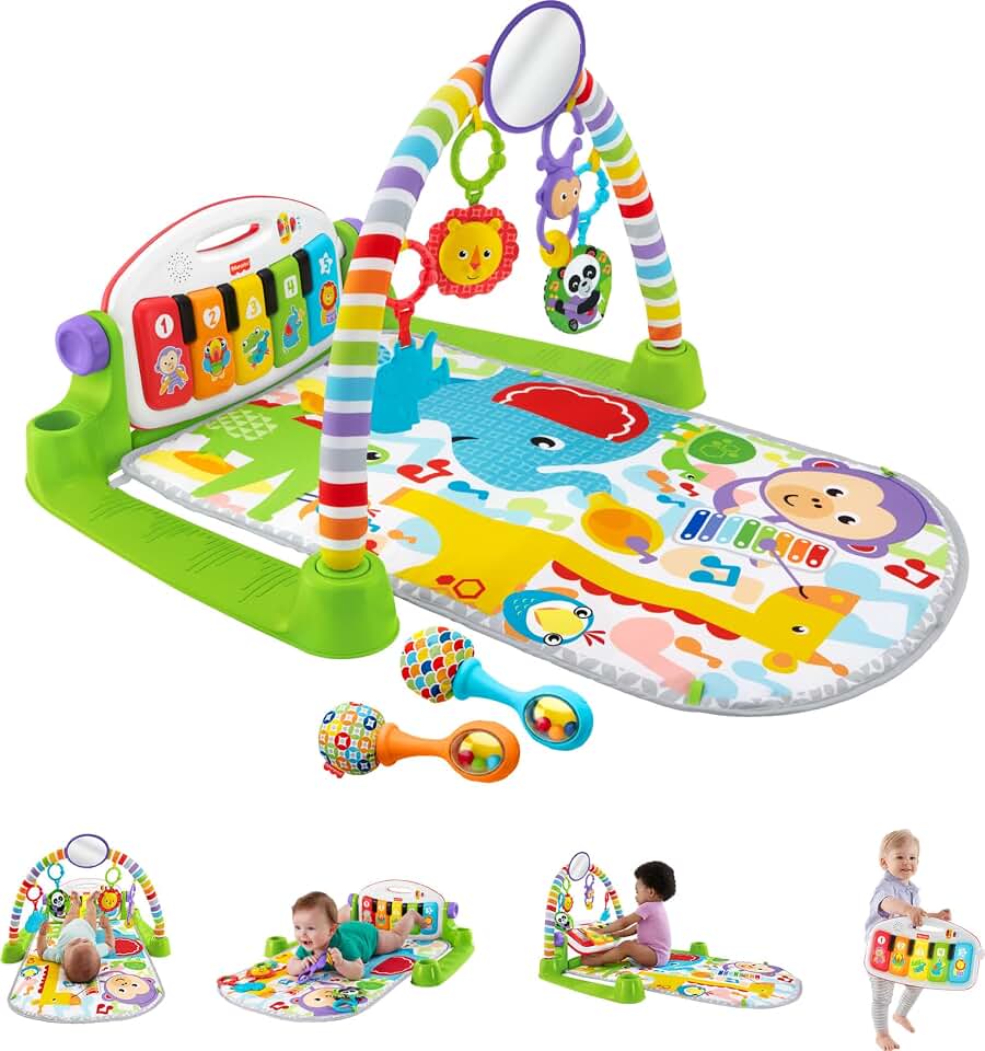 Fisher-Price Deluxe Kick &amp; Play Piano Gym &amp; Maracas, Ages 0+ Months | Baby Playmat, Musical Learning Toy &amp; 2 Soft Rattles, Developmental Activities for Newborn to Toddlers