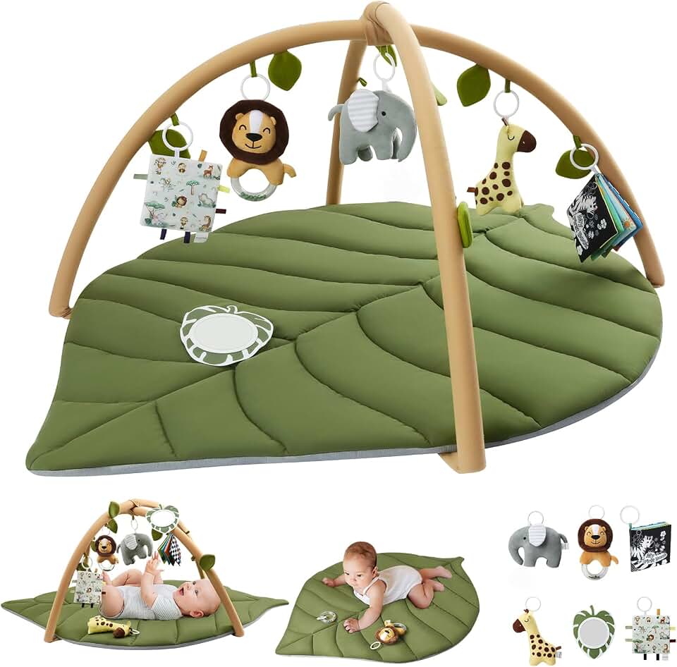 Blissful Diary Baby Play Gym &amp; Activity Mat, Oversize Leaf Shaped Baby Play Mat w 6 Detachable Toys, Tummy Time Mat Promote Motor Skills &amp; Sensory Development Mat, Newborn Infant Baby Essentials Gift
