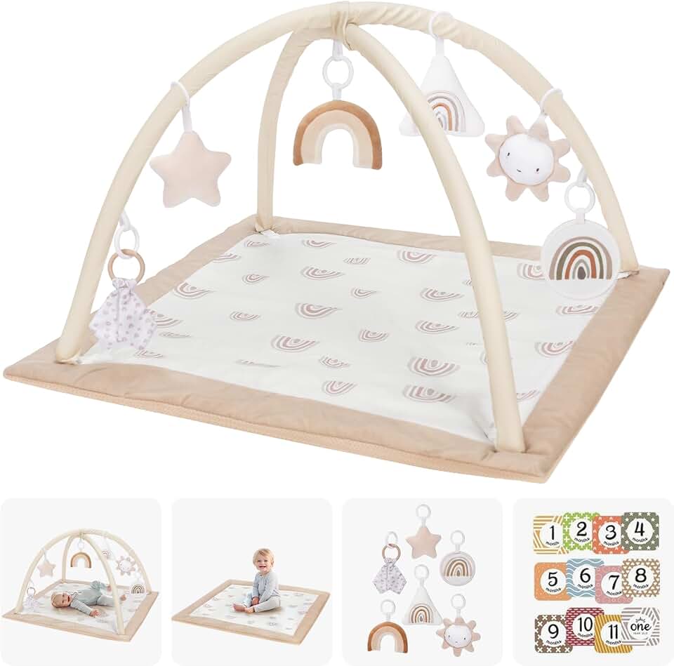 Mallify Washable Tummy Time Mat, Baby Play Gym with 6 Featured Toys and 12 Milestone Cards, Baby Gym for Infant &amp; Toddler, Deluxe Larger Baby Play Mat, Baby Play Mats for Floor, Non Slip Mats
