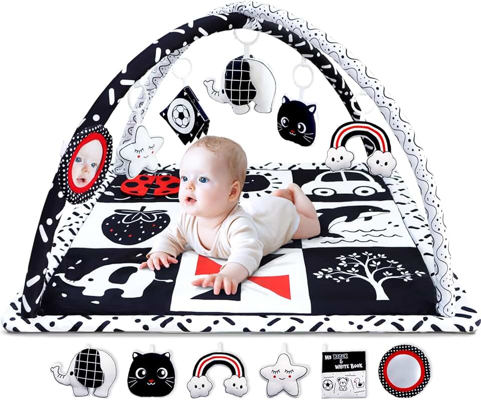 Poycuna Black and White Baby Gym Play Mat with 6 Toys Tummy Time Activity Mat for Babies 0-6 6-12 Months High Contrast Baby Gyms &amp; Playmats Sensory Toys Newborn Brain Development Infant Play Mat