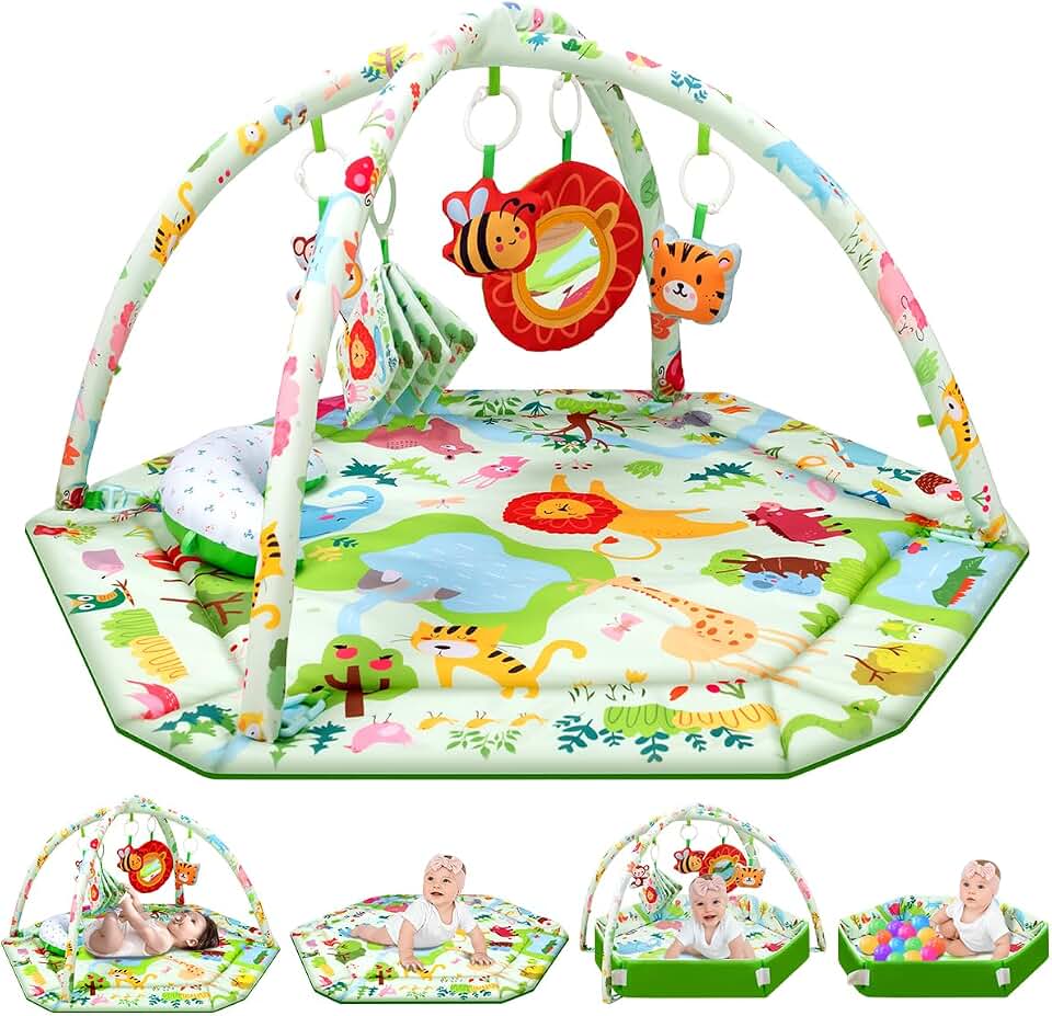 lulunemo Baby Play Mat,Tummy Time Mat with 6 Detachable Toys-Activity Gym for Visual, Auditory &amp; Motor Development-Washable Baby Activity Mat for 0-12 Month Infants(Animal Theme)