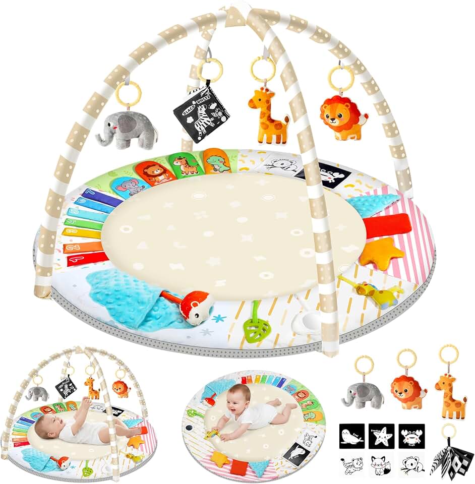 URMYWO Baby Play Gym Mat Tummy Time Mat with 5 Sensory Toys for 0-18 Months | Breathable Soft Activity Gym, 6 Developmental Zones for Early Sensory and Motor Skill, Easy to Clean, Baby Essentials Gift Global Recycled Standard