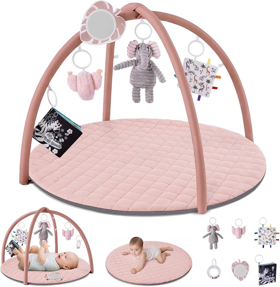 Blissful Diary Baby Play Gym Mat, Tummy Time Activity Mat with 6 Detachable Toys for Skill Development, Baby Essentials Gift, Soft Pink