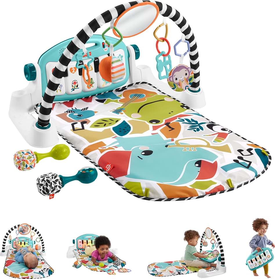 Fisher-Price Glow and Grow Kick &amp; Play Piano Gym, Blue, Ages 0+ Months | Baby Playmat, Musical Learning Toy, 2 Soft Rattles, Developmental Activity for Newborn to Toddlers