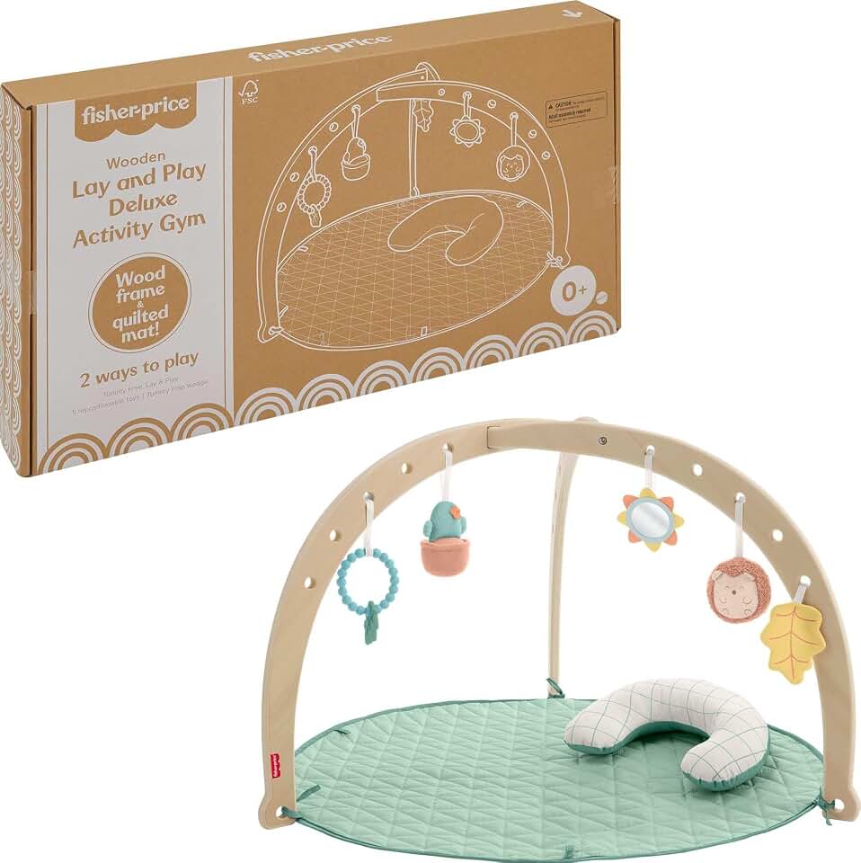 Fisher-Price Wood Baby Playmat Lay &amp; Play Deluxe Activity Gym with Wooden Frame &amp; Tummy Time Sensory Toys for Newborns 0+ Months The Forest Stewardship Council