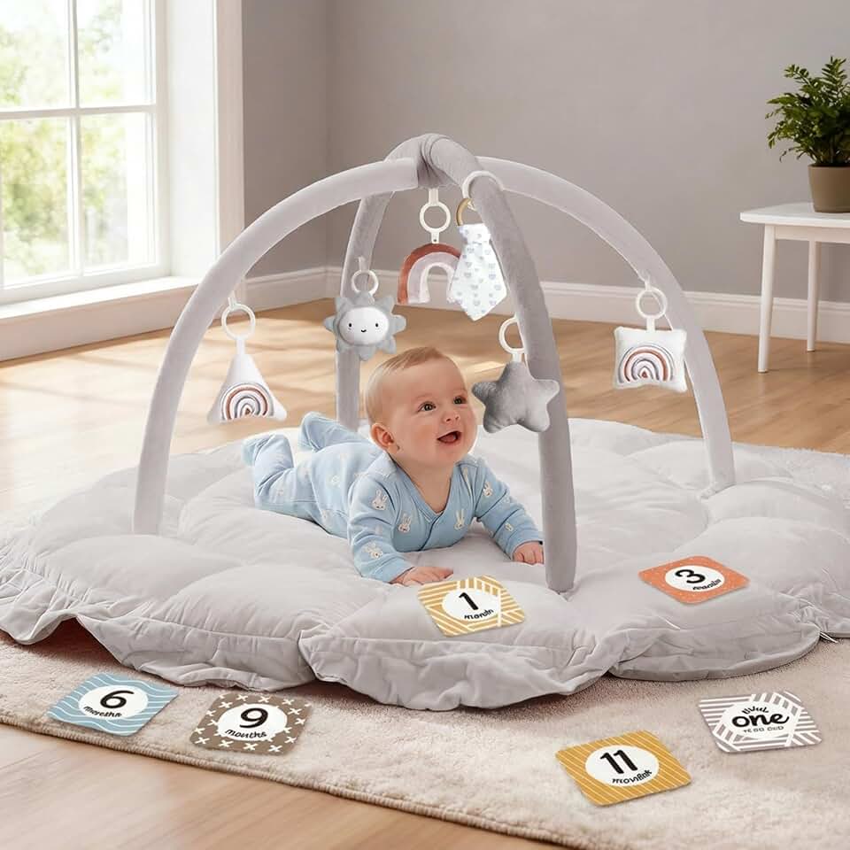 5-in-1 Thick &amp; Plush Baby Play Gym, Baby Play Mats for Floor, Tummy Time Mat with 6 Toys, Convertible Stage-Based Developmental from Babies to Toddlers, Ball Pit, Pet Cushion Cloudico, Grey