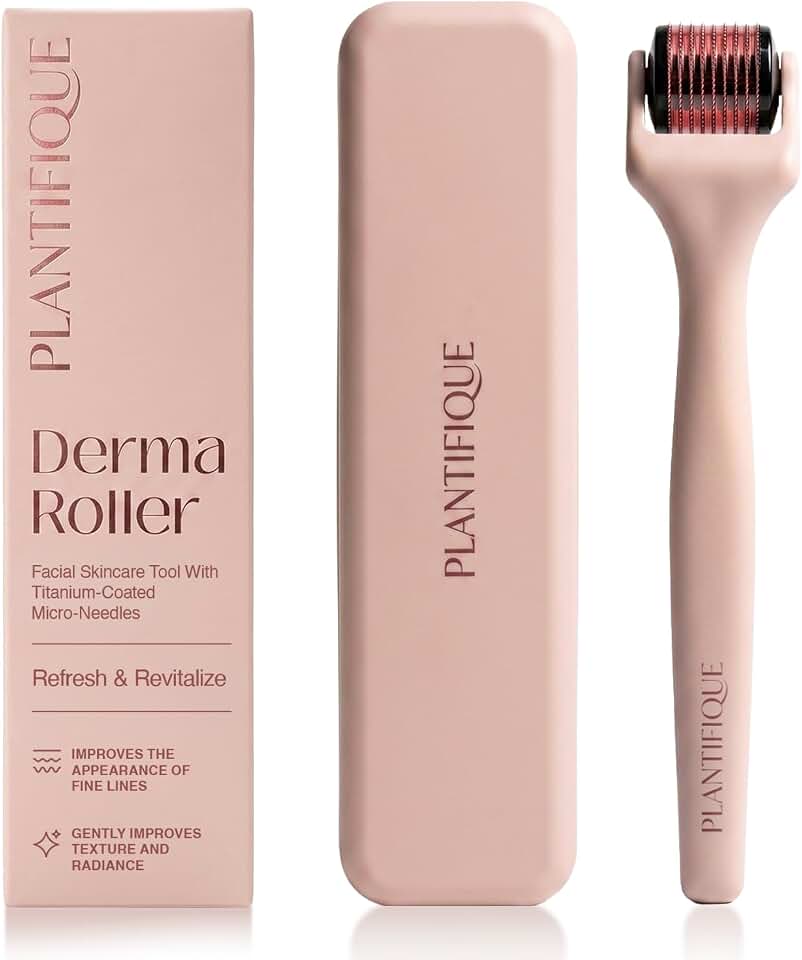 PLANTIFIQUE Derma Roller for Hair &amp; Skin – Microneedling Face Roller, Pink | 0.25mm Titanium Fine Needles, Includes Protective Case - Rodillo de Microagujas