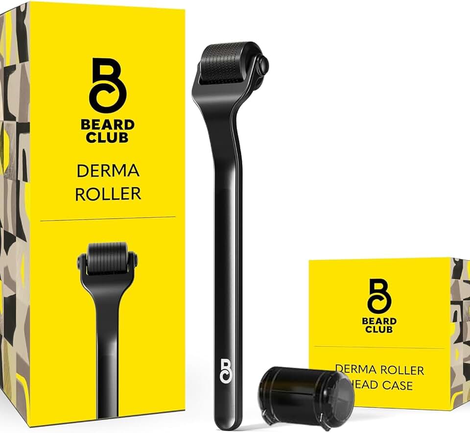 The Beard Club Premium Derma Roller for Face, Body and Scalp - Microneedling Roller for Men and Women with 540 Titanium Microneedles - for Hair &amp; Beard - Weighted Metal Handle - Magnetic Storage Case