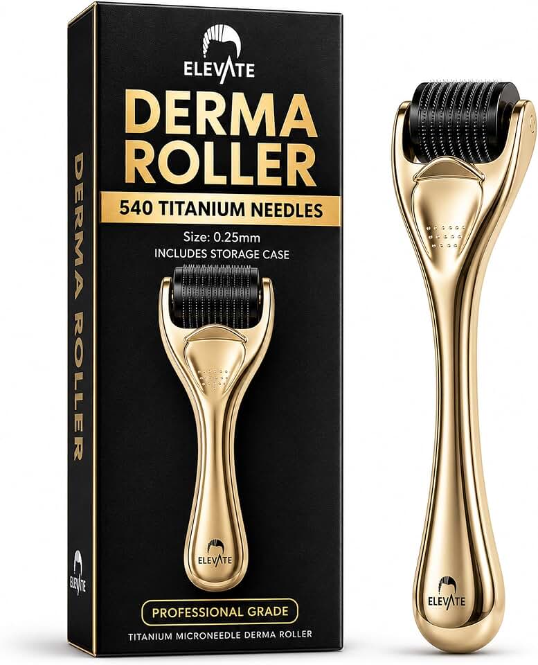 Elevate Derma Roller 0.25mm with 540 Titanium Microneedle Roller | for Women &amp; Men, Gold Roller for Face Skin Hair &amp; Beard, Includes Storage Case