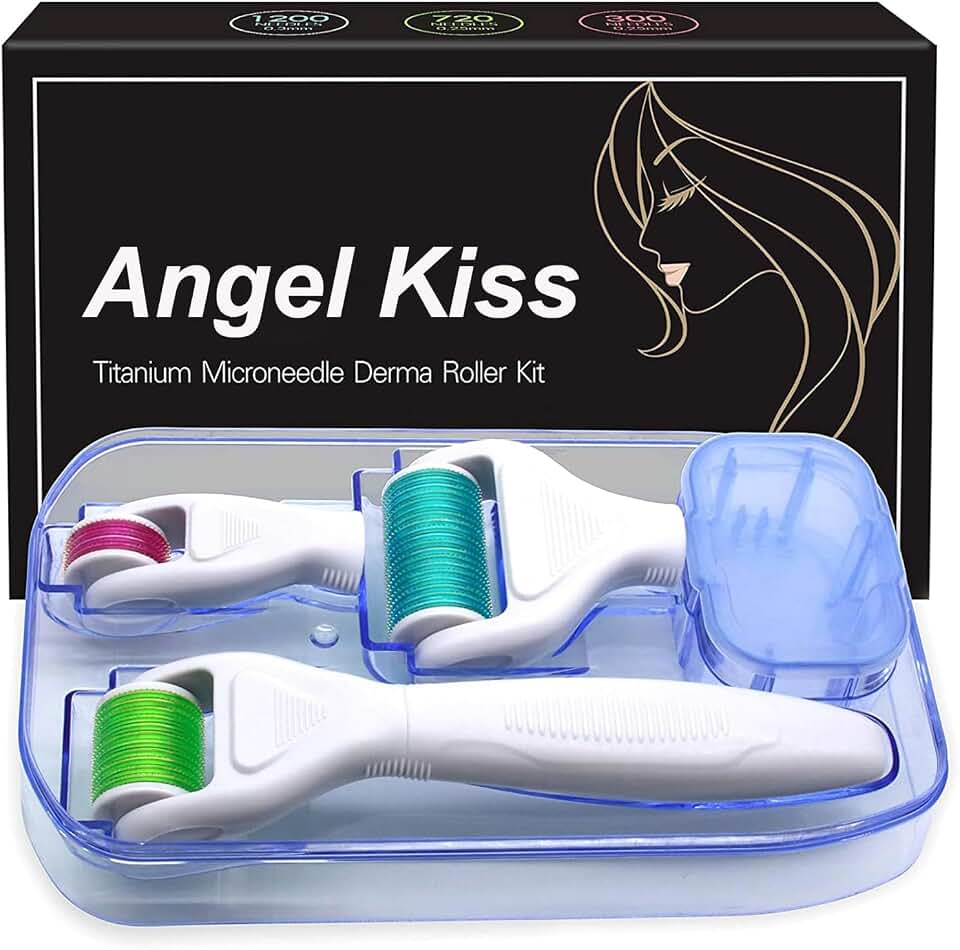 Angel Kiss 4 in 1 Titanium Microneedling Derma Roller Kit for Face and Body | Microneedle Roller for Women Men - 300 and 720 Needle 0.25mm,1200 Needle 0.3mm, built-in disinfection basin, w/ Storage Case