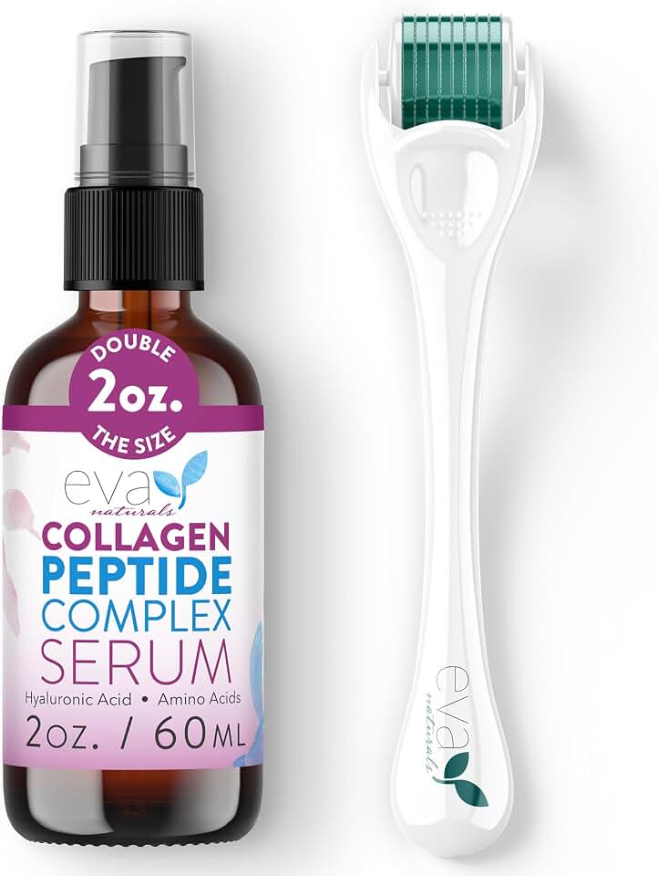 Eva Naturals Peptide Serum, 0.25mm Titanium Derma Roller Microneedling Kit | Collagen boost, anti-aging, wrinkles, face &amp; scalp use, hair growth