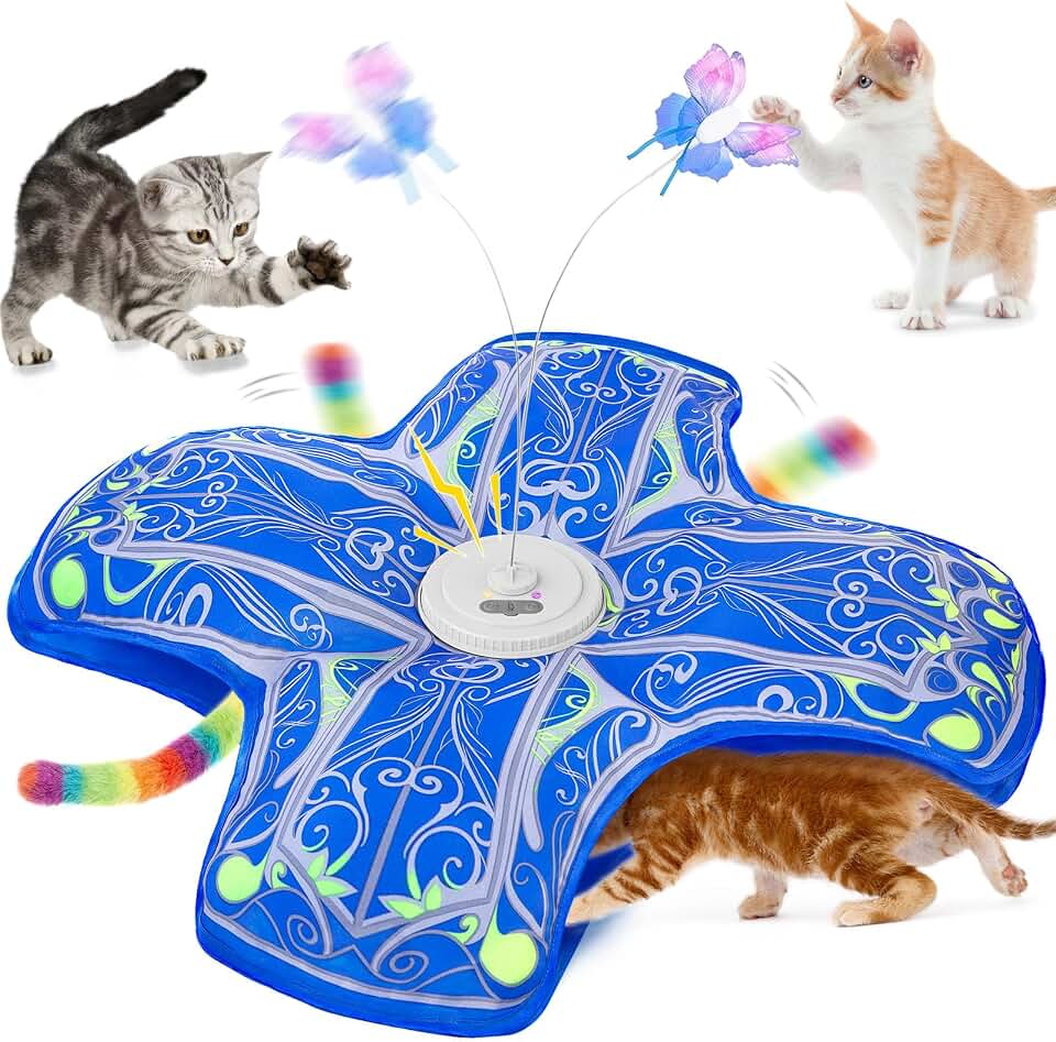 Interactive Cat Toys for Indoor Cats,Automatic Kitten Tunnel Toy | Rechargeable Touch Activated, Hide and Seek Design, Colorful Fluffy Tail &amp; Butterfly, Cat Enrichment Toy for Bored Cats