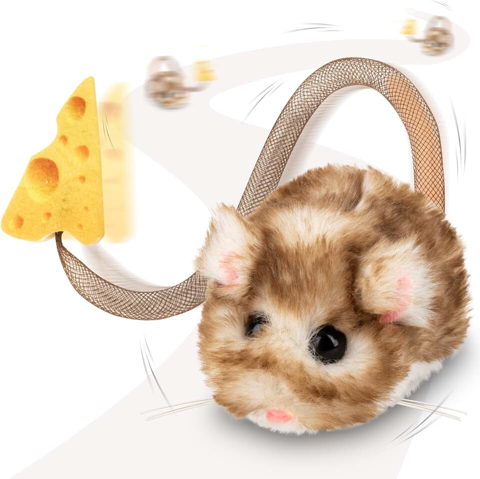 Migipaws Interactive MigiMouse Cat Toy 360° Rolling &amp; Spin with Mesh Plastic Tail for Indoor Cats Smart Motion Sensor, Realistic Squeak, Rechargeable Plush Kitten Toy(Brown Long)