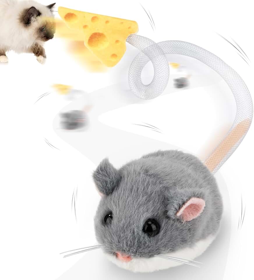 Migipaws Interactive MigiMouse Cat Toy 360° Rolling &amp; Spin with Mesh Plastic Tail for Indoor Cats Smart Motion Sensor, Realistic Squeak, Rechargeable Plush Kitten Toy(Grey)