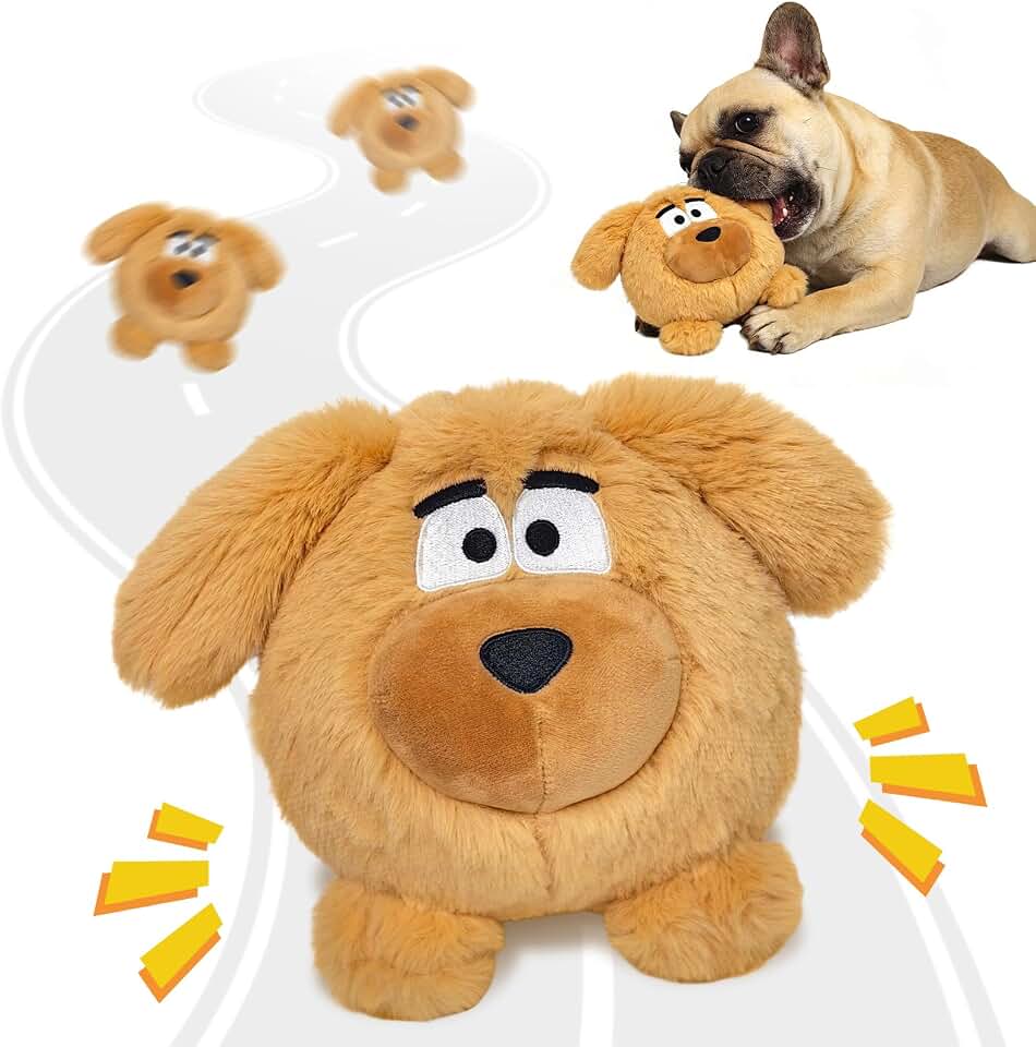Moving Dog Ball, Jumping Squeaky Interactive Dog Toys, Plush Chew Toys for Medium/Large Dogs, USB Rechargeable (Brown)