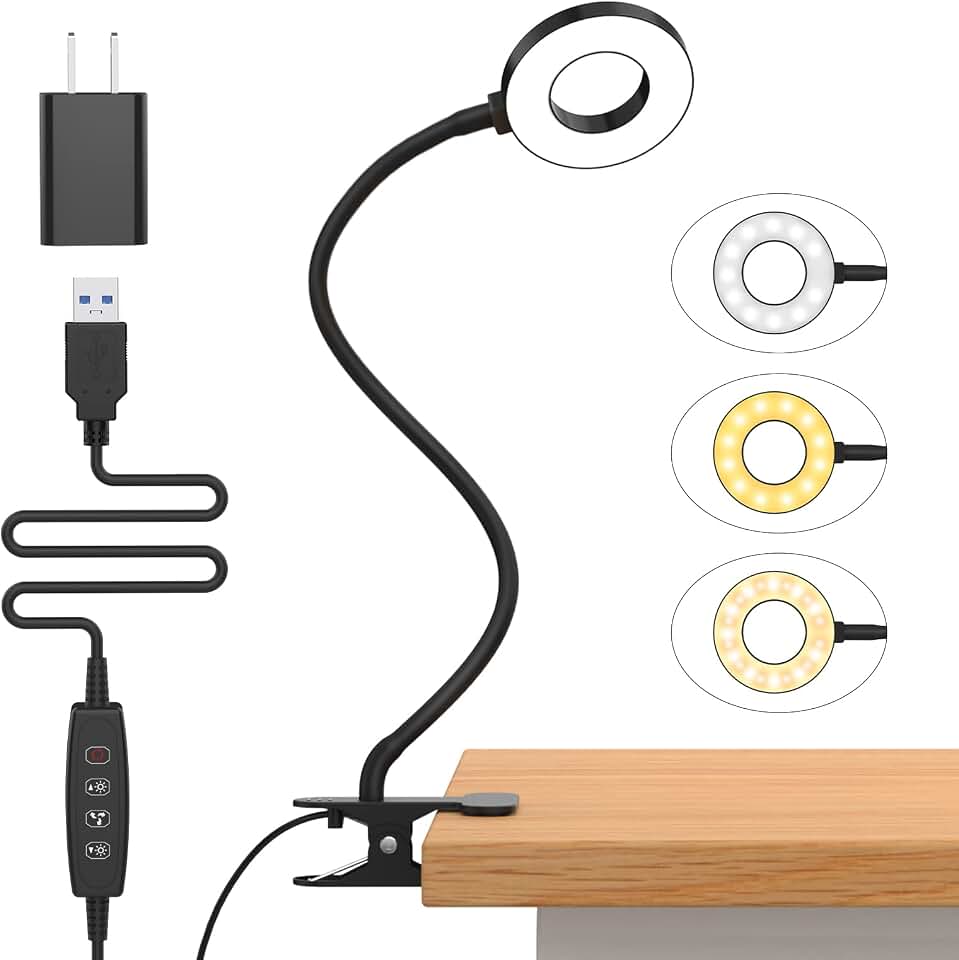iZELL Desk Lamp, [3 Color Modes &amp; 10 Brightness] LED Reading Light with Clamp, Silicone Flexible Arm Book Light for Kids Reading Book in Bed at Night Clip on Table, Headboard, Dorm - 15.8‘’ Black