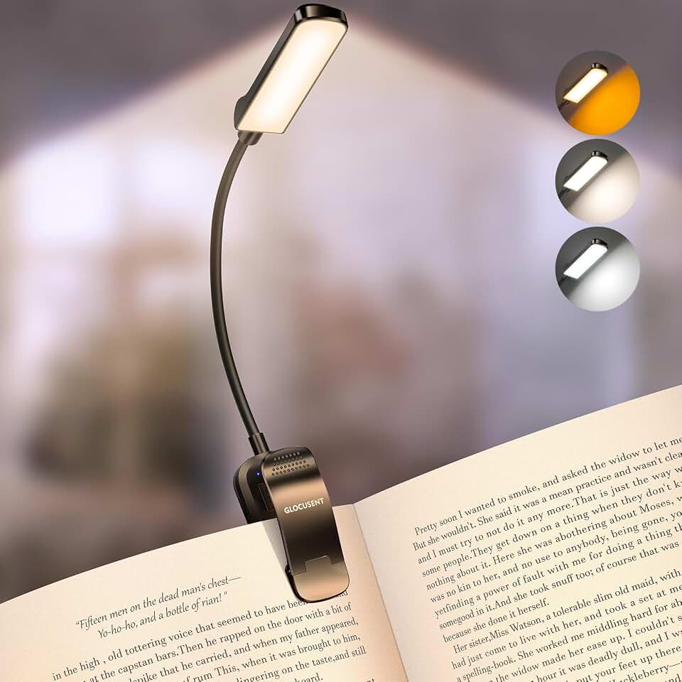 Glocusent 13 LED Book Lights for Reading at Night, Gifts for Book Lovers | Rechargeable Eye-Caring 3 Amber Colors Stepless Dimming, Travel Clip-on Lamp, Christmas Stocking Stuffer Reader Men Women Kid Global Recycled Standard ClimatePartner certified